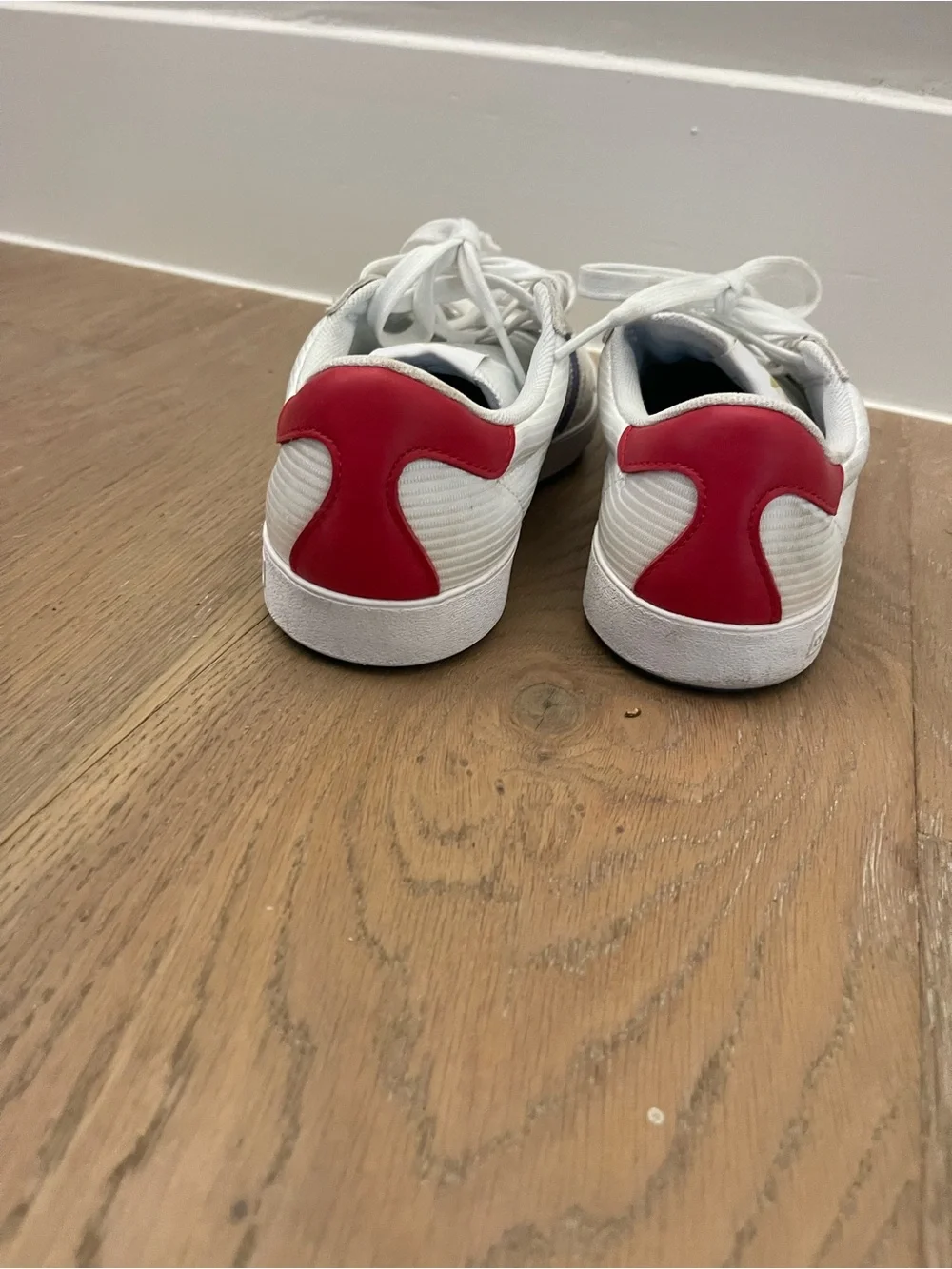 Adidas Woman’s Nora White Suede Sneakers with Blue Stripes & Red Heel
